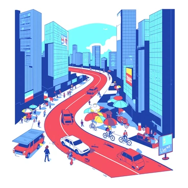 A red winding road is curving through a bustling city filled with tall blue skyscrapers on both sides. The road is lined with a variety of vehicles including cars and bicycles moving in both directions. Pedestrians are walking along the sidewalks, engaging with street vendors selling colorful goods. Bright billboards are displayed on the sides of the skyscrapers, illuminating the scene with vibrant advertisements. The sky above is clear, allowing sunlight to cast shadows on the road and buildings, creating a lively urban atmosphere.