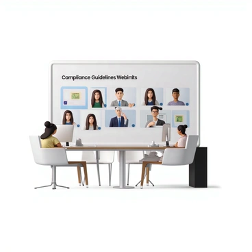 A virtual webinar presentation on compliance guidelines is taking place in a modern digital conference setting. The screen displays the title "Compliance Guidelines Webinar" in bold letters at the top. A presenter is visible in a small window, wearing professional attire, speaking into a microphone, and gesturing as they explain key points. Several attendees are shown in their own small windows, attentively looking at the screen, with varying expressions of concentration. The virtual background features a sleek, minimalist design that indicates a professional environment. Each attendee is in their own workspace, with elements such as a computer, desk, and personal items visible.
