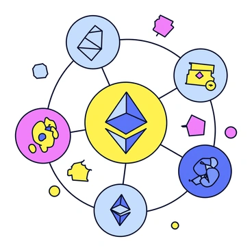 A vibrant illustration featuring multiple symbols representing decentralized applications (dApps) related to Ethereum. Each dApp is depicted as a unique icon, including a stylized blockchain, a digital wallet, and a smart contract, all interconnected with colorful lines. The background is filled with abstract shapes and patterns to enhance the visual appeal, while the Ethereum logo is prominently displayed at the center. Each icon is designed with a minimalistic style, maintaining a cohesive and engaging composition.