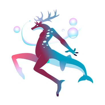 A character with a lithe, humanoid form is in the midst of a transformation. The character's skin shifts from a rich chestnut brown, resembling that of a deer, to a sleek, shimmering blue reminiscent of a dolphin. This transformation occurs in a fluid motion, with limbs elongating and changing shape, while fur morphs into smooth scales. Bright, ethereal patterns dance across the character's body, emphasizing the dynamic change. Surrounding this scene are soft, glowing orbs that reflect the character's movement, enhancing the sense of fluidity and magic in the transformation.