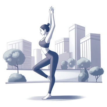 A girl is positioned in a yoga pose, demonstrating balance and strength. She wears fitted activewear that contours to her figure, including a sports bra and leggings. Her hair is pulled back into a neat ponytail, highlighting her concentration. The urban setting around her features modern architecture, with high-rise buildings and concrete structures in the background. There are trees and greenery visible, adding an element of nature to the city scene. The ground beneath her is a textured surface, perhaps concrete or stone, indicating an outdoor environment.