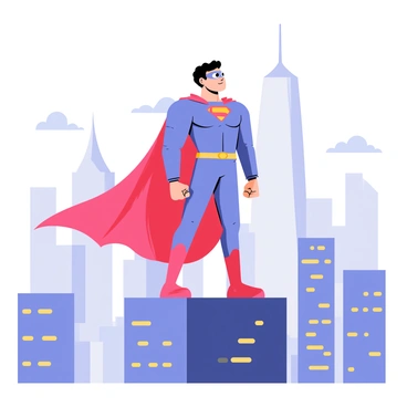 A 3D cartoon superhero character with a bright red cape and a blue costume stands confidently on top of a tall city skyscraper. The character has a muscular build, a determined expression, and is wearing a mask that covers the upper part of their face. The skyline of a bustling city is visible in the background, with various skyscrapers and a clear blue sky. The superhero's fists are clenched at their sides, and they are gazing out over the city, embodying strength and courage. Sunlight casts a dynamic shadow of the character on the rooftop.