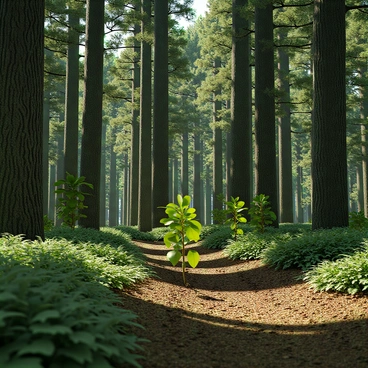 A dense forest with towering mature trees featuring thick trunks and expansive canopies. The ground is covered with rich brown soil and a variety of green ferns and bushes. Among the mature trees, several small saplings are visibly sprouting, showcasing bright green leaves and slender trunks. Sunlight filters through the canopy, casting dappled shadows on the forest floor. The overall atmosphere is one of growth and renewal, with the new saplings surrounded by the established giants of the forest.