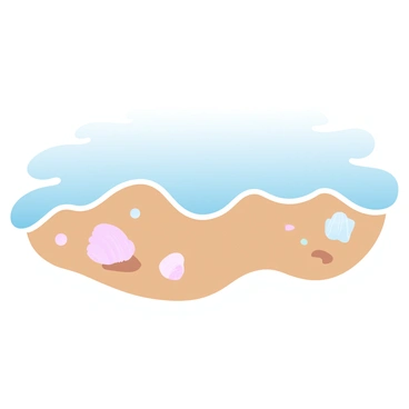 A sandy seashore with gentle waves lapping at the shore. Several seashells of various shapes and sizes are scattered across the sand. The shoreline is defined by smooth, flowing lines that create a sense of tranquility. The water is a gradient of pastel colors, blending seamlessly into the sky above.