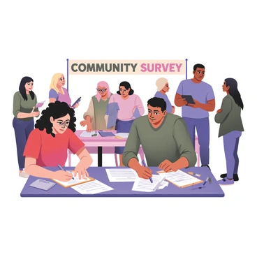 A diverse group of people engaged in filling out a survey at a community event. In the foreground, there is a woman with curly black hair wearing a bright red shirt, intently writing on a clipboard. Next to her, a man with short brown hair and glasses, dressed in a blue t-shirt and jeans, is using a tablet to submit his responses. Further back, a woman with long straight blonde hair is discussing the survey with a man who has dark skin and is wearing a green jacket. Around them, various tables are set up with informational flyers and colorful pens, while a banner in the background reads "Community Survey" in bold letters. Several people of different ages and backgrounds can be seen conversing and participating in the event.