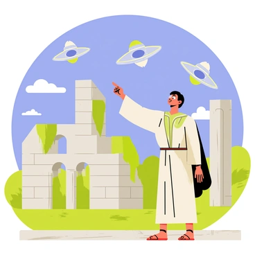 A wide-eyed historical figure wearing a flowing robe stands on a stone pathway, pointing at the sky. Above him, multiple sleek UFOs with metallic surfaces hover, reflecting sunlight. In the background, ancient ruins featuring crumbling stone columns and moss-covered walls are visible, surrounded by a lush green landscape. A few scattered clouds drift in the bright blue sky, adding depth to the scene. The figure's expression shows curiosity and amazement as he gazes upwards.