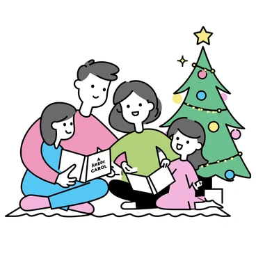 A family of four is gathered in a cozy living room, sitting on a soft rug in front of a decorated Christmas tree. The tree is adorned with colorful ornaments and twinkling lights. The father, wearing a red sweater, is holding an open book titled "A Christmas Carol." The mother, dressed in a green sweater, is leaning in close with a smile, while two children, a boy in a blue shirt and a girl in a pink dress, are captivated by the story. The warm glow from the tree illuminates their faces, creating a festive atmosphere.
