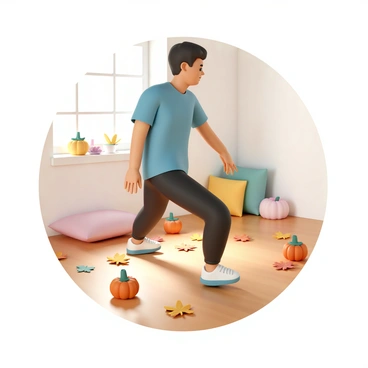 A person is performing heel slides on a smooth wooden floor. They are wearing comfortable athletic clothing, including a blue t-shirt and black leggings. The room is decorated with vibrant autumn leaves scattered across the floor and various sizes of pumpkins placed in the corners. A warm glow from a nearby window enhances the cozy atmosphere, while a few colorful cushions are arranged against the wall, adding to the seasonal decor.