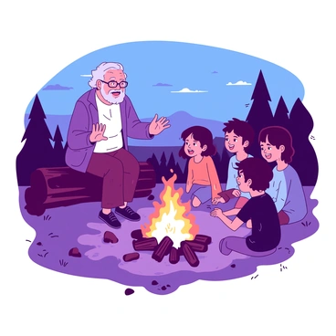 An elderly person with gray hair and glasses is sitting on a log, surrounded by a group of excited children. The elderly person is animatedly telling a story, with a warm smile and expressive hand gestures. The children, with various hairstyles and clothing, are seated around the campfire, their faces illuminated by the flickering orange flames. The dusk sky is painted with shades of blue and purple, and there are trees silhouetted in the background. The ground is scattered with small rocks and patches of grass, creating a natural setting for the gathering.