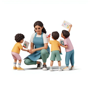 An ATSEM, wearing a blue apron over a white shirt, is crouching down with a warm smile. She is surrounded by a group of young children, each holding various colorful items. One child, with curly hair, holds up a red toy dinosaur, excitedly showing it to the ATSEM. Another child, wearing a yellow t-shirt, is displaying a drawing made with bright colors. The other children are looking at their items with enthusiasm, while the ATSEM attentively listens, leaning slightly forward, encouraging them with her expressions. The scene is filled with a sense of engagement and joy as they share their treasures.