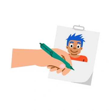 A hand with a light skin tone holds a green Faber-Castell pen, poised above a white sheet of paper. The paper features the beginning stages of a comic character's face, complete with large expressive eyes, a wide smile, and exaggerated features. The character has spiky blue hair and is dressed in a bright red shirt. The hand's fingers gently grip the pen, capturing the dynamic motion of sketching. The background is simple and unobtrusive, highlighting the act of creation.