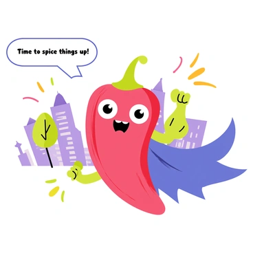 A comic strip panel featuring a superhero chili pepper with a vibrant red body and a green stem. The chili pepper is wearing a blue cape fluttering behind it. It is striking a heroic pose, with one fist raised in the air. In the background, there are cartoonish buildings and trees, emphasizing the vibrant cityscape. The superhero chili pepper has an enthusiastic facial expression, with large eyes and a wide smile. Colorful action lines surround it, indicating motion and excitement. The panel includes a speech bubble that says, "Time to spice things up!"