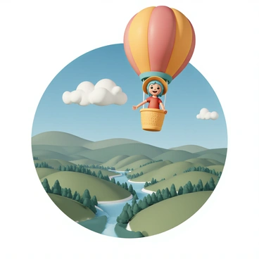 A young girl with bright blue hair, wearing a red dress and a yellow hat, is joyfully riding in a colorful hot air balloon. The balloon is adorned with vibrant patterns of red, yellow, and green. Below, expansive scenic landscapes stretch out, featuring rolling hills, lush green forests, and a sparkling river winding through the terrain. The sky is a clear blue, dotted with fluffy white clouds, adding to the cheerful atmosphere of the scene. The girl is smiling widely, captivated by the beautiful view below.