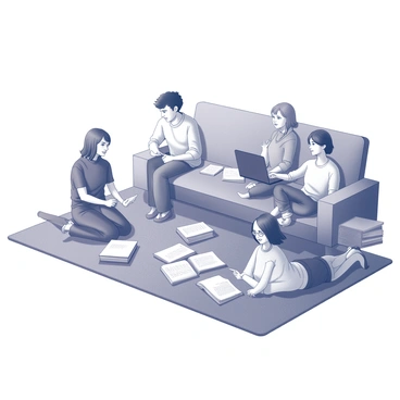 A living room scene featuring a group of four friends sitting on a plush carpeted floor. They are engaged in studying, with one person lying on their stomach, surrounded by various papers and textbooks spread out. Another friend is sitting cross-legged, writing notes, while a third is pointing at a paper, discussing a topic enthusiastically. The fourth friend leans back against the couch, holding a laptop open, looking at the screen. There are books stacked nearby and a coffee table visible in the background, adding to the study atmosphere.