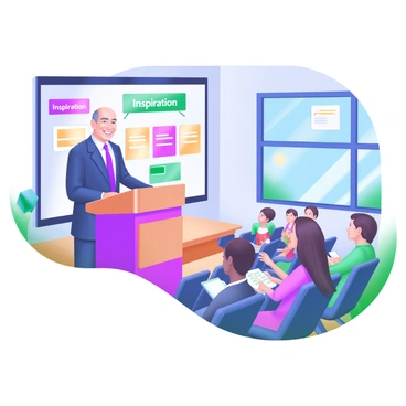 A modern pastel illustration featuring "Jeff Bezos" standing at a podium in a school auditorium, engaged in a speech. He is wearing a business suit and smiling while addressing an audience of attentive students. The background includes a colorful banner that reads "Inspiration" and various educational posters on the walls. Students of diverse backgrounds sit in rows, some taking notes, while others listen intently. A large window reveals a bright blue sky outside, adding to the atmosphere of motivation and learning.