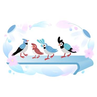 A group of small birds is strutting on a miniature runway. Each bird is adorned with unique and stylish feather outfits that display a variety of colors and patterns. The runway is surrounded by tiny decorative flowers and miniature spotlights illuminating the scene. The background features a soft gradient of pastel colors that adds a whimsical touch to the setting. The birds are confidently walking, showcasing their fashionable attire.