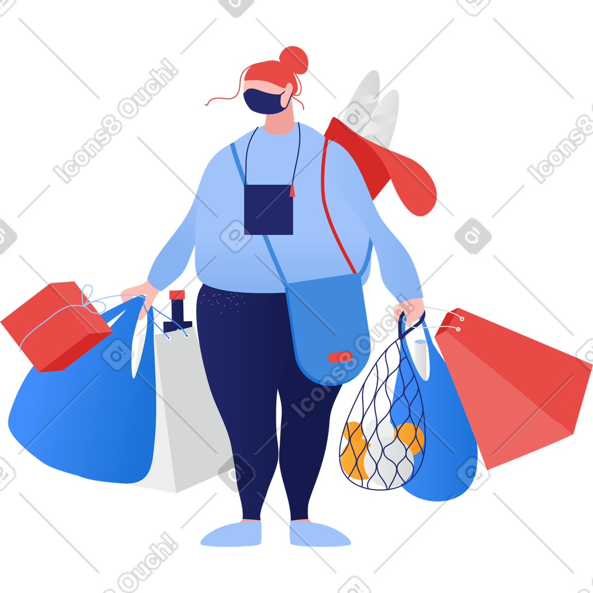 下载 Clip 风格的 Shopping person with multiple colorful bags and face mask 插画，支持 PNG、SVG 格式