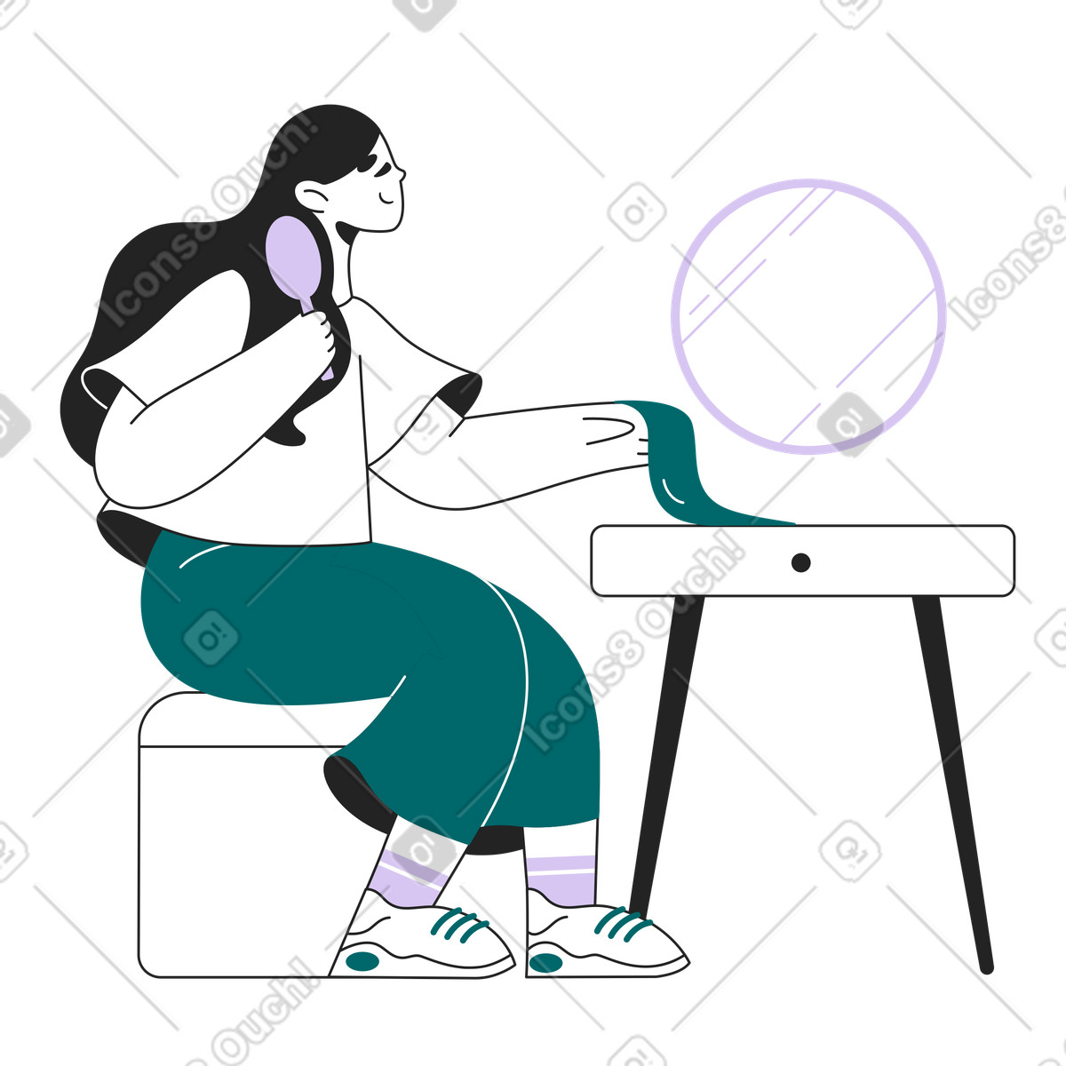 Illustration Combing hair in front of mirror, self-care and beauty ritual dans le style Sammy Line à télécharger aux formats PNG, SVG