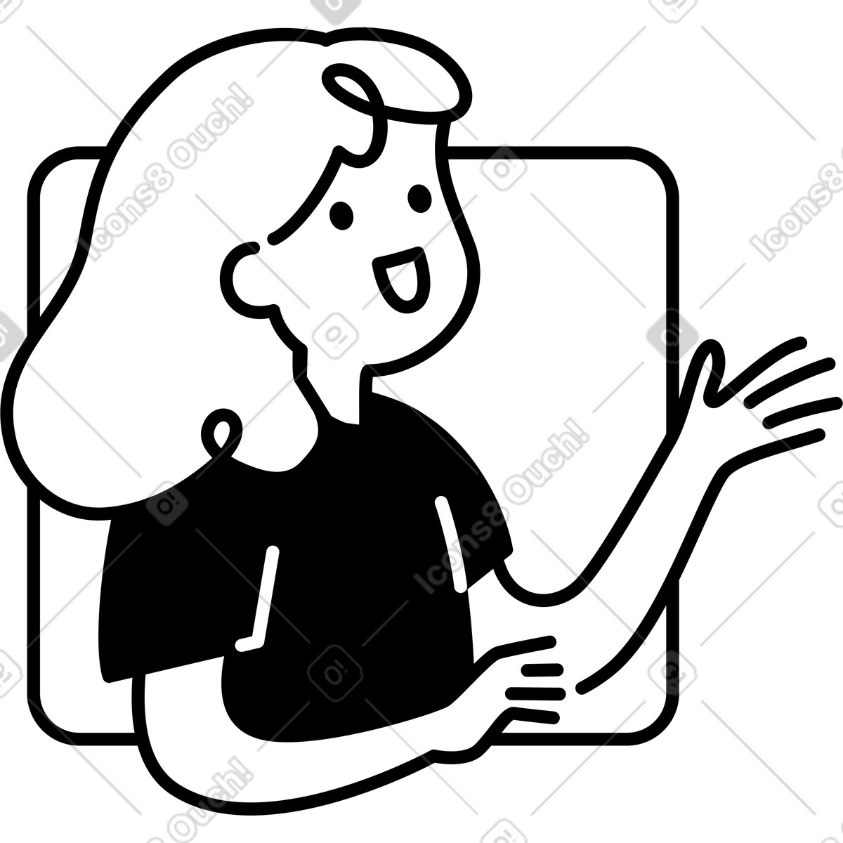 Illustration Speaker character gesturing with hand and smiling during conversation dans le style Notion Line Art à télécharger aux formats PNG, SVG