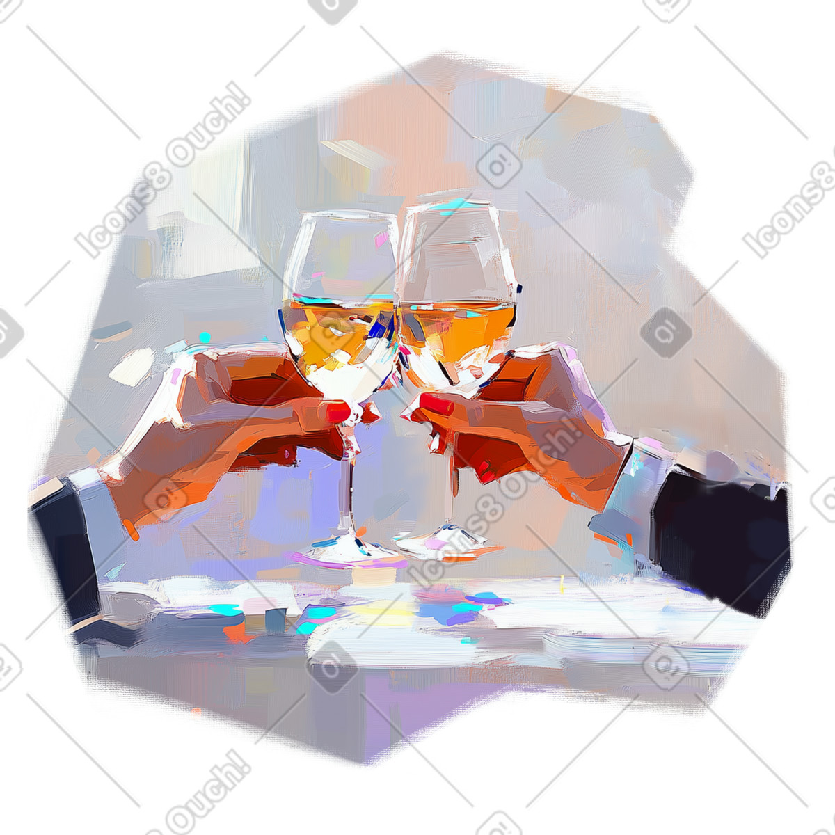 Dipinto ad olio di bicchieri champagne in mano illustrazione stile Pictorial scarica PNG, SVG