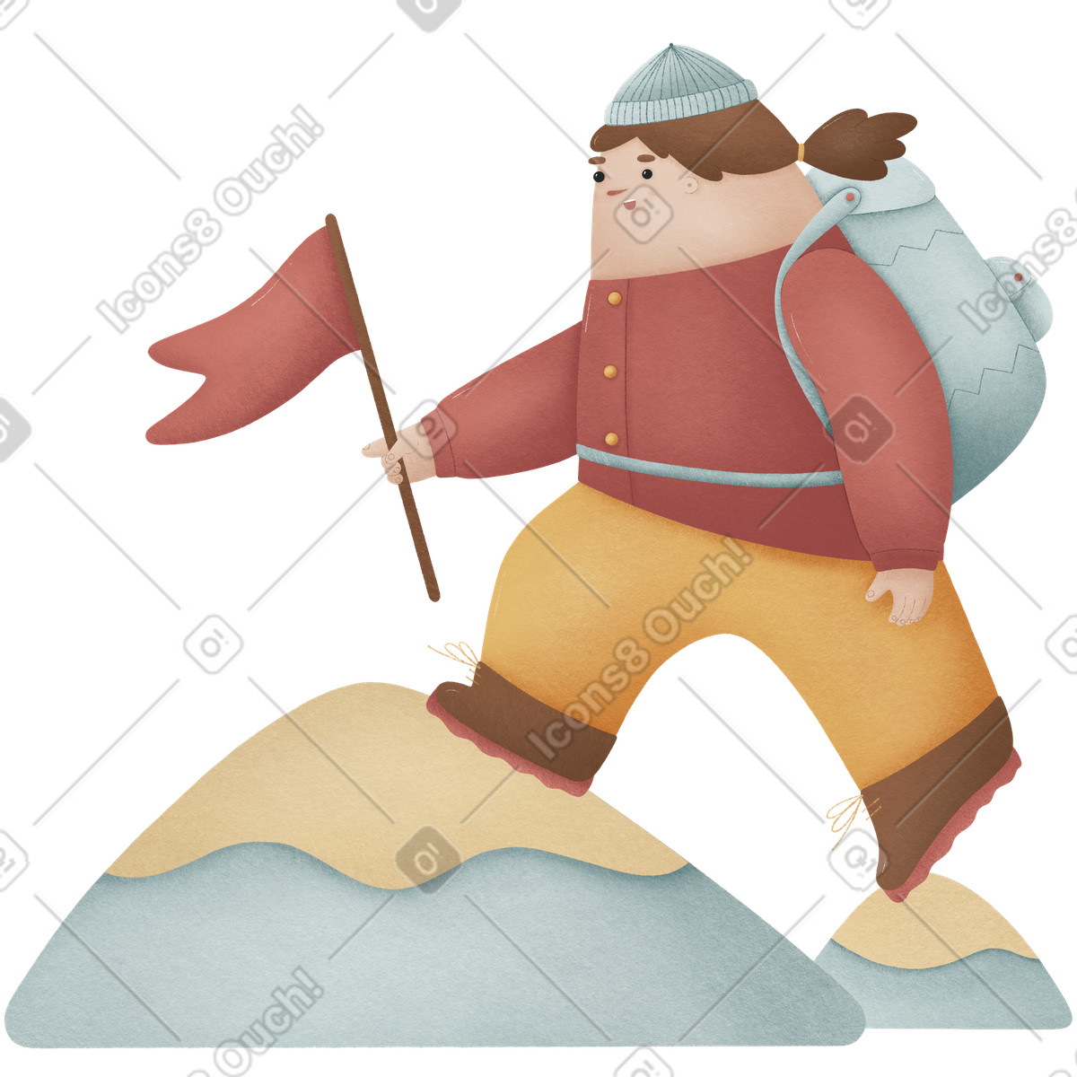 Illustration Femme mettant le drapeau au sommet de la montagne dans style Woolly à télécharger aux formats PNG, SVG