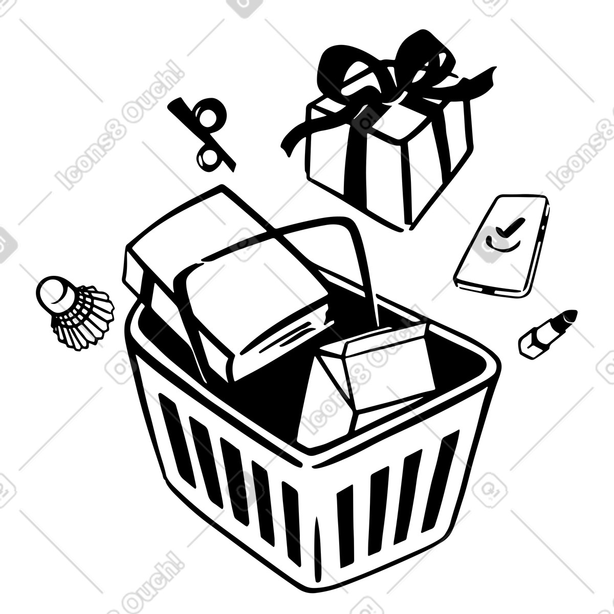Ilustração de Goods flying out of shopping basket, Retail checkout or discount em no estilo Line para baixar em PNG, SVG