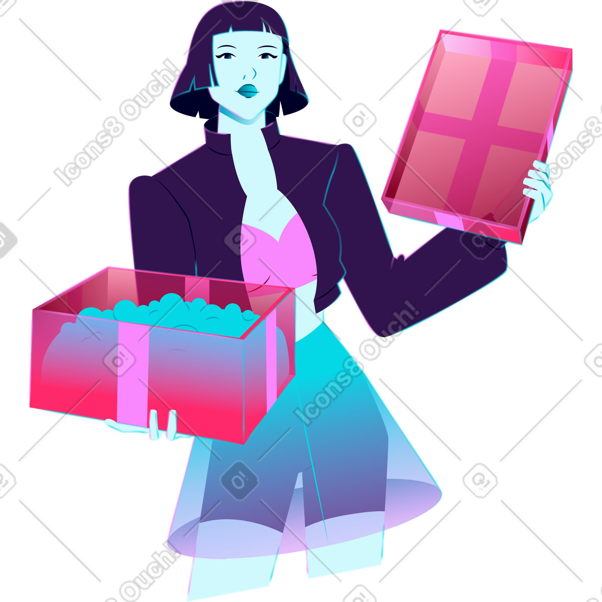Girl with Christmas gift box full of confetti illustration in Neon style download in PNG, SVG