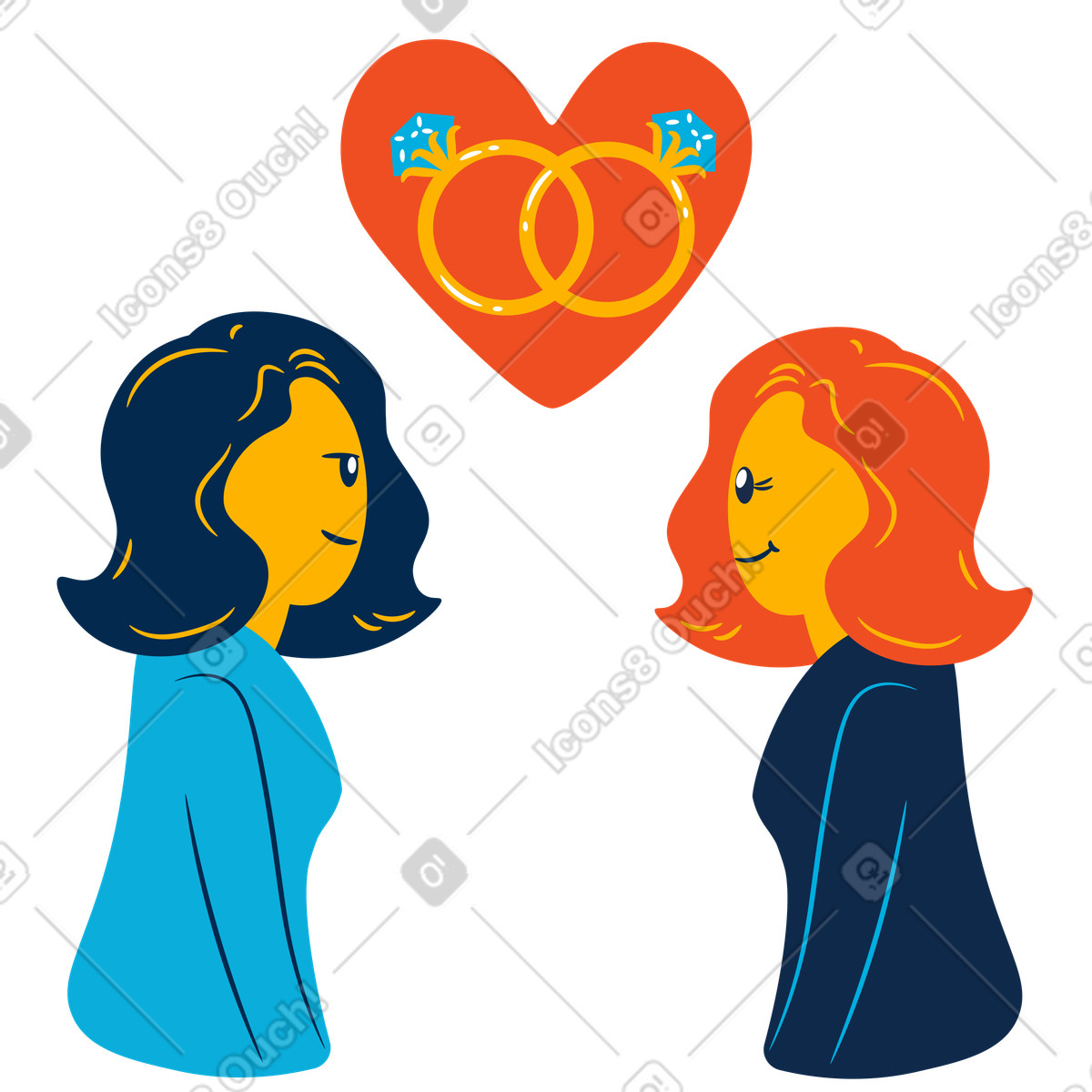 Ilustração de Lesbian couple in love under engagement rings, LGBTQ marriage or partnership em no estilo Flame para baixar em PNG, SVG