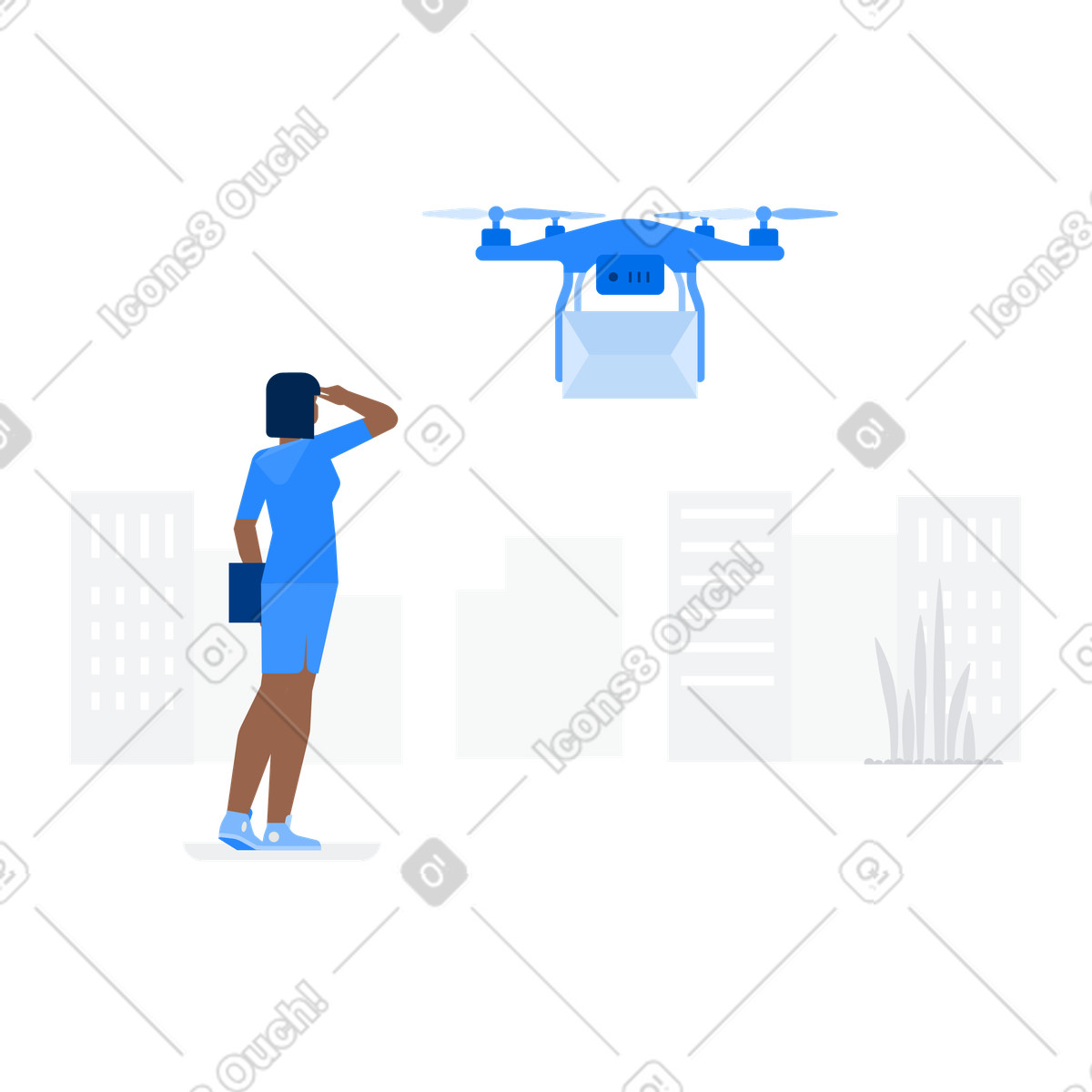 Drone consegna scatole di cartone a una donna illustrazione in stile Urban scarica in PNG, SVG