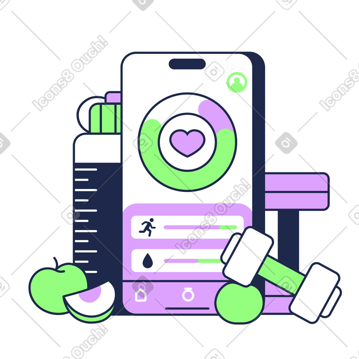 App per uno stile di vita sano sullo schermo dello smartphone illustrazione in Outline scarica in PNG, SVG