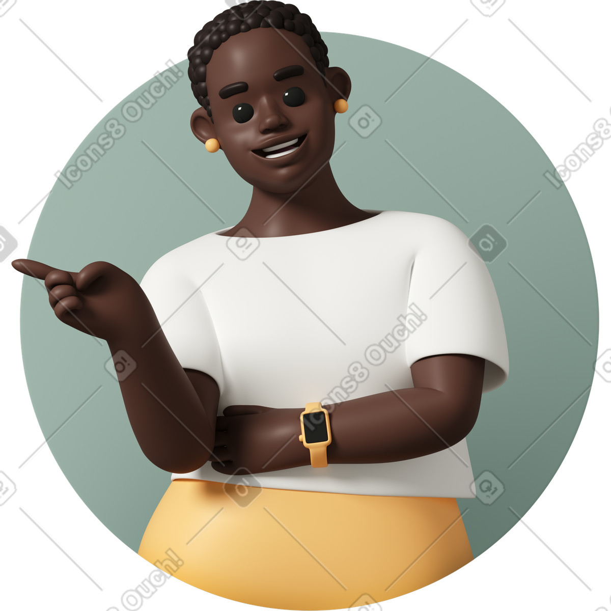 Ilustración Avatar de mujer sonriente señalando con el dedo hacia un lado en estilo 3D Casual life a descargar en PNG y SVG
