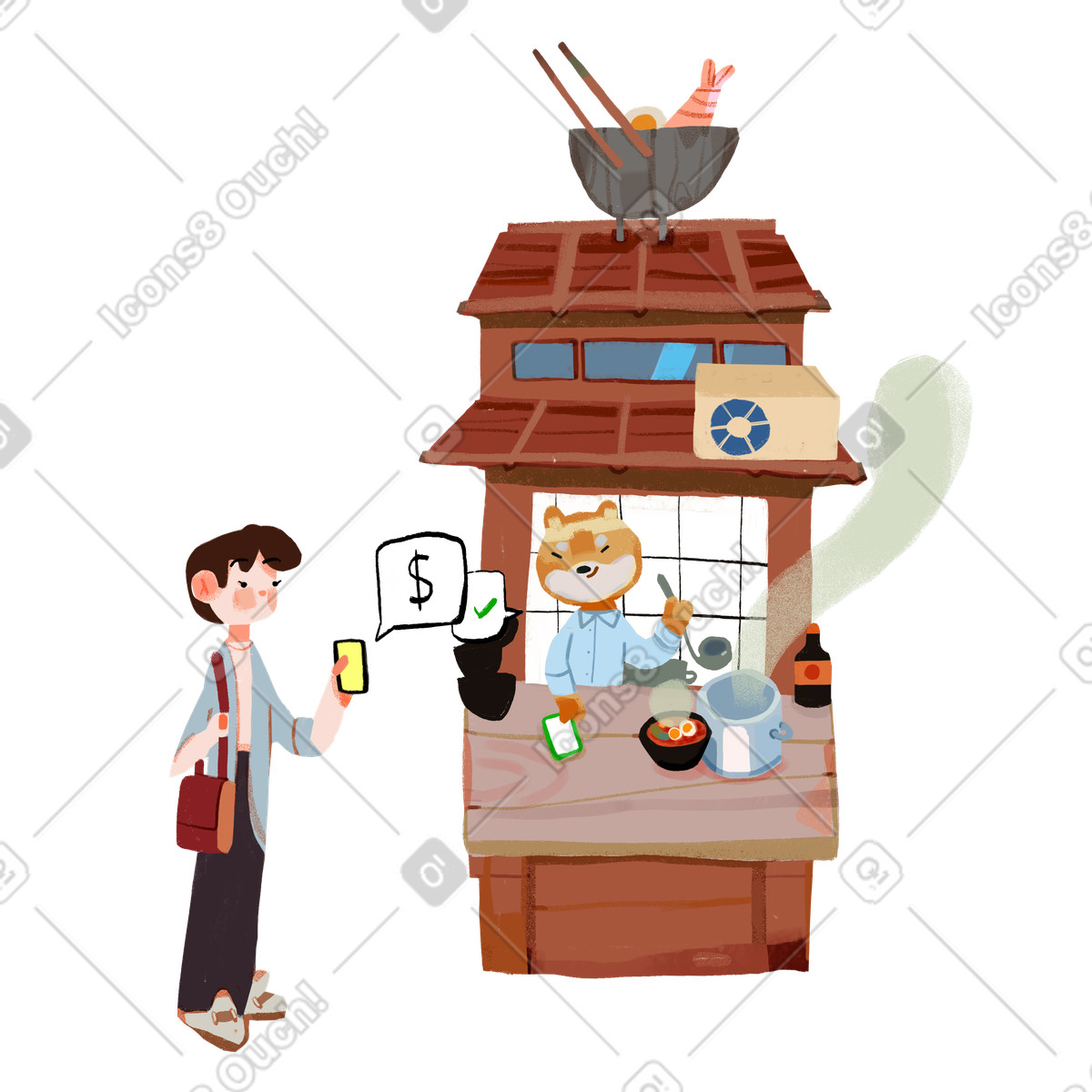 Person bezahlt mit smartphone im restaurant-Illustration Ikigai-Stil als Download in PNG, SVG