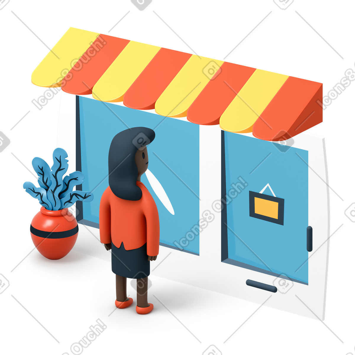 Illustration Femme noire en costume debout devant la boutique dans le style 3D Flame à télécharger aux formats PNG, SVG
