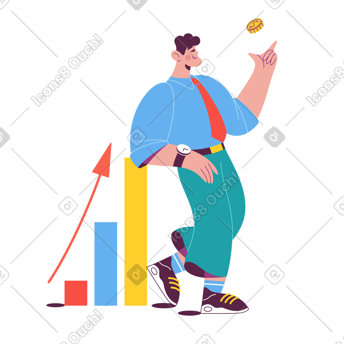 Businessman tossing coin beside growth chart, Financial risk and investing animated illustration in Sammy style download in GIF, Lottie (JSON), AE