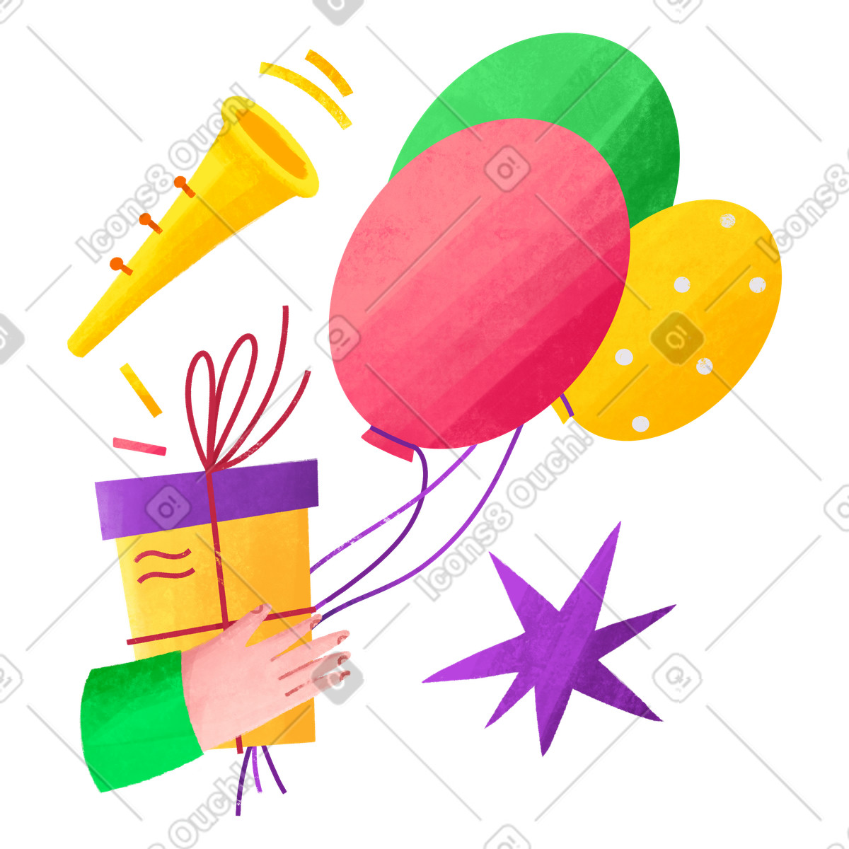 Holiday greeting with a gift box and balloons illustration in Bonbon style download in PNG, SVG