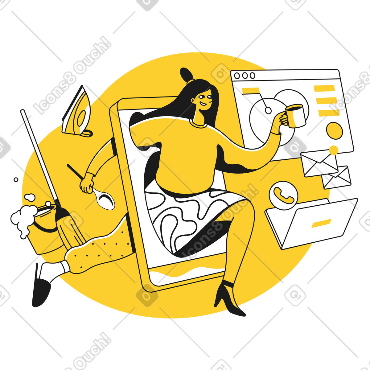 Illustration Femme travaille à la maison et au bureau dans le style Taxi télécharger aux formats PNG, SVG