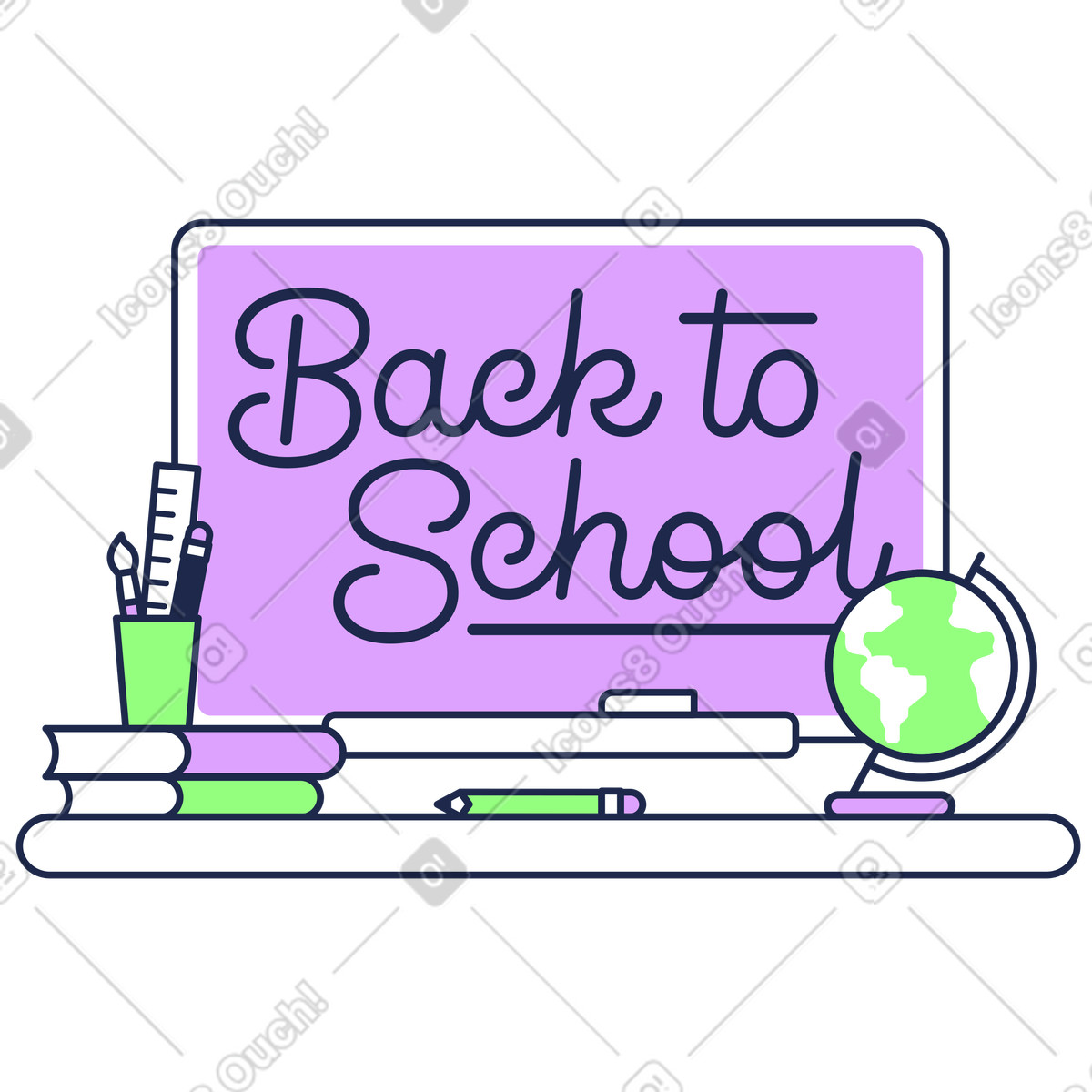 Board with Back to school phrase and supplies, Beginning of academic year animated illustration in Outline style download in GIF, Lottie (JSON), AE