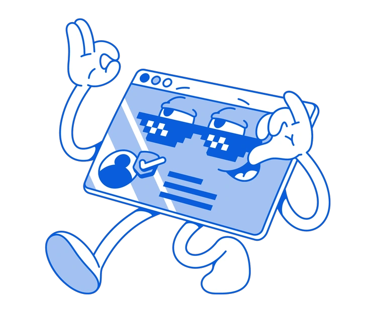 A computer screen character with sunglasses dancing - Handy Line style illustration