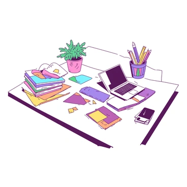 A white desk is divided down the middle, with one half neatly organized and the other half cluttered. On the organized side, there is a small potted plant, neatly stacked colorful notebooks, and a tidy arrangement of pens in a holder. The cluttered side features crumpled papers, an open laptop surrounded by various loose items, and multiple sticky notes scattered across the surface. The contrast between the two halves emphasizes the difference in order and chaos.