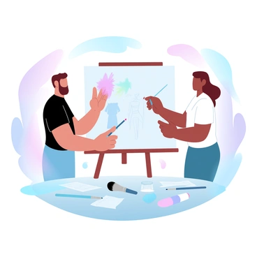 Two artists collaborating on a large canvas, merging their fashion illustration templates.