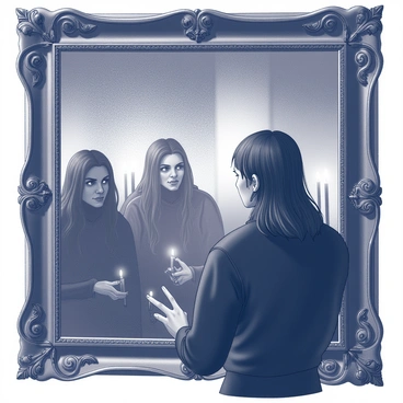 A grand, ornate mirror stands in an dimly lit chamber. The frame of the mirror is intricately carved with swirling patterns and dark, gothic motifs. In front of the mirror, Macbeth gazes intently at his own reflection. His expression is one of intrigue and unease as glimpses of ethereal figures emerge in the glass. The witches, shrouded in shadow, can be seen with wild hair and strange, elongated features, their eyes piercing through the darkness. The atmosphere is heavy with a sense of foreboding, as the flickering candlelight casts dancing shadows across the walls, enhancing the air of mystery surrounding this moment.