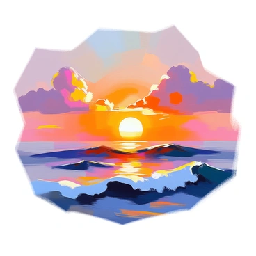 A vibrant sunset over the ocean, with the sun dipping low on the horizon, casting a warm orange and pink glow across the sky. The ocean is depicted with waves that have distinct Art Deco patterns, characterized by bold lines and geometric shapes. Fluffy clouds, illuminated by the setting sun, are scattered across the sky, reflecting shades of purple and gold. The scene captures the dynamic movement of the waves and the tranquil beauty of the sunset.