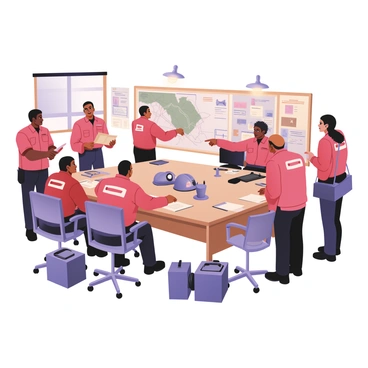 A digital flat illustration depicting a busy meeting room with several firefighters and paramedics gathered around a large table. There are four firefighters, two with dark skin and one with light skin, wearing bright red uniforms, helmets on the table, and holding notepads. The paramedics also wear uniforms, with one paramedic having medium skin and brown curly hair, while another has light skin and short black hair. They are engaged in discussion, pointing at a large map of the operation area, which is pinned on a wall. Various medical equipment and firefighting gear are scattered around the room. A whiteboard with handwritten notes and diagrams is visible in the background, along with a window letting in natural light.