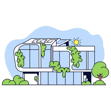 A futuristic eco-friendly building with a sleek design, featuring large glass windows and an asymmetrical shape. The exterior is adorned with various types of greenery, including climbing plants that cascade down the walls. On the roof, there are multiple solar panels positioned to catch sunlight. Surrounding the building is a landscaped area with small trees and shrubs, contributing to a sense of harmony with nature. The scene is set under a clear blue sky.