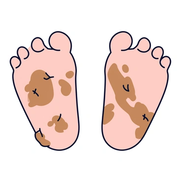 A close-up of a toddler's feet covered in brown mud. The tiny toes are visible, with bits of grass and dirt sticking to the soles. The skin appears slightly wrinkled and dusty, showcasing the playful aftermath of outdoor activity. The background is softly blurred, emphasizing the feet as the main focus.