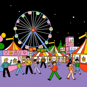 A colorful carnival at night, bustling with energy and excitement. Bright lights illuminate the scene, casting a warm glow on the various attractions. There are numerous game stalls with vibrant signs, each featuring different challenges. People of all ages are wandering around, some laughing and others cheering as they play the games. In the background, a towering Ferris wheel spins, its colorful lights twinkling against the dark sky. Balloons and streamers add to the festive atmosphere, while the smell of popcorn and cotton candy fills the air.