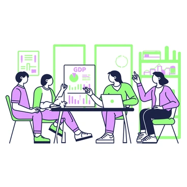 A group of diverse students is collaborating on a project about "GDP" in a bright classroom setting. The students are seated around a rectangular table, each actively engaged in discussion and sharing ideas. One student is holding a laptop with graphs displayed on the screen, while another is taking notes in a notebook. A third student is pointing at a poster that outlines key concepts related to GDP. The classroom is filled with educational posters on the walls, and there are windows that allow natural light to brighten the space. In the background, shelves hold books and educational materials, contributing to the academic atmosphere.