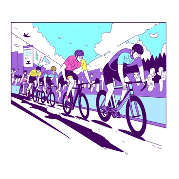 A group of cyclists in brightly colored jerseys are pedaling hard as they struggle to conquer a steep hill during a competitive race. The cyclists are varying in size and posture, with some leaning forward aggressively over their handlebars while others appear to be standing up to generate more power. The steep incline of the hill is lined with cheering spectators, some waving flags and holding banners. The sky above is clear, allowing the sunlight to shine brightly on the scene, casting long shadows on the ground. The cyclists' wheels are spinning rapidly, and the expressions on their faces show determination and effort.