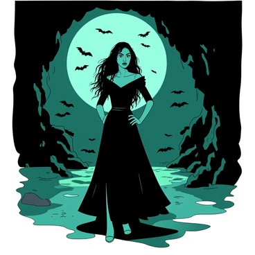 A teal Bellatrix Lestrange with long, wild black hair is standing confidently in a dark, moonlit cave. She is wearing a flowing black dress that blends into the shadows around her. Surrounding her are numerous small, black bats flying in erratic patterns, their wings casting fleeting shadows against the cave walls. The moonlight filters into the cave, illuminating patches of the rocky ground and creating a stark contrast with the dark surroundings. Bellatrix's expression is fierce and determined as she gazes into the distance, showcasing her powerful presence in this eerie environment.