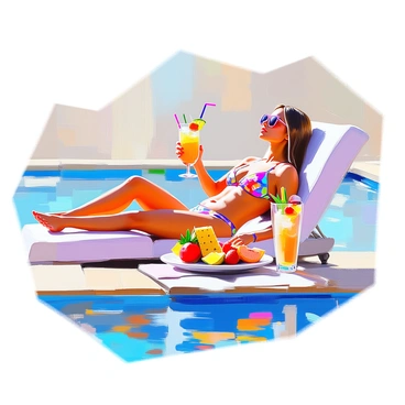 A sunbather taking a break with a refreshing fruit platter and a cool drink by the pool